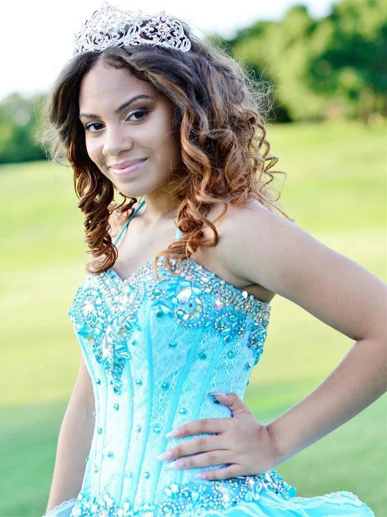 Halter Tulle Ball Gown Quinceanera Dresses With Rhinestones