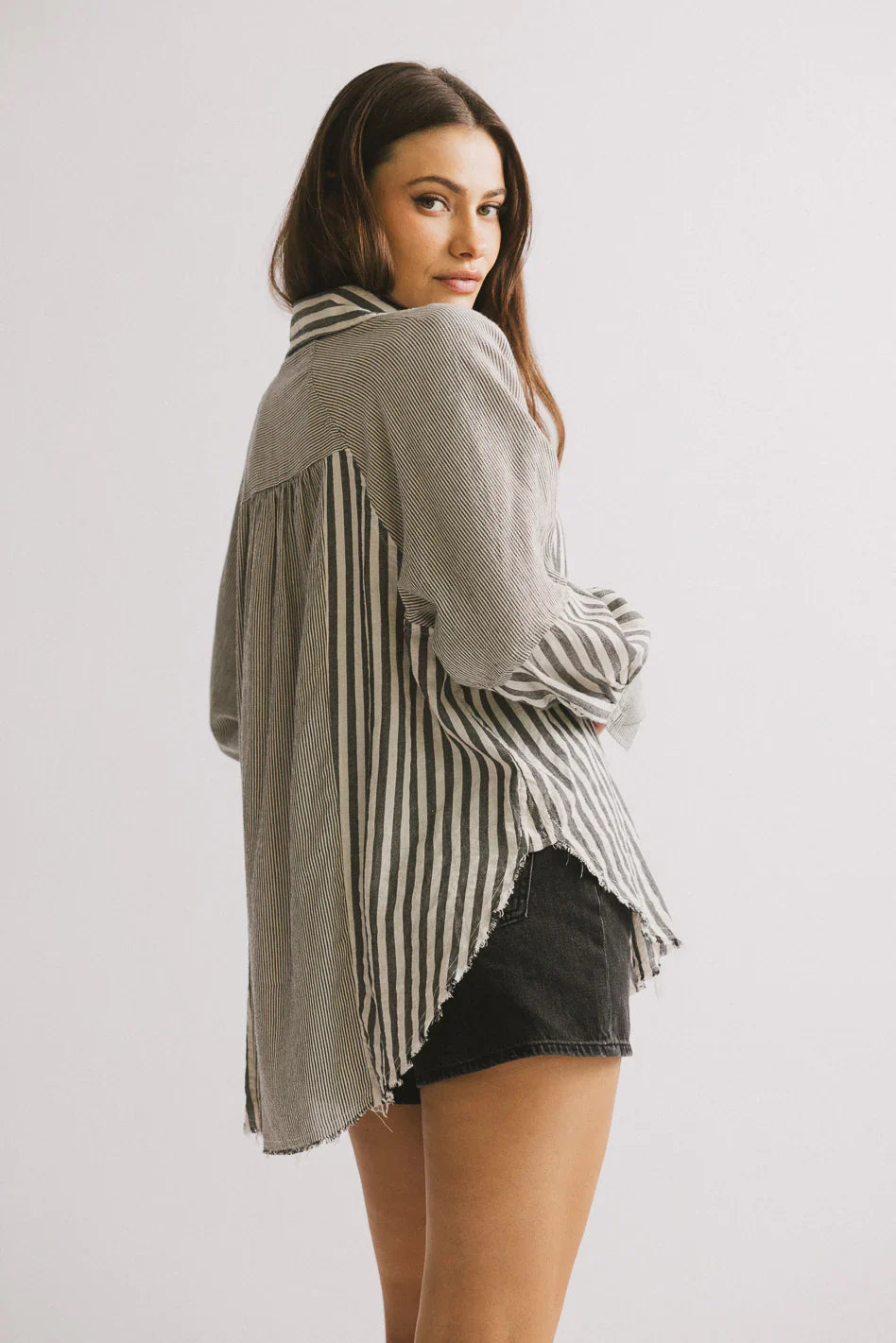 Gia Striped Button Up in Black