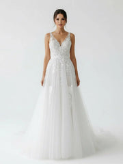 A Line V Back Long White Wedding Dress with Lace Appliqued