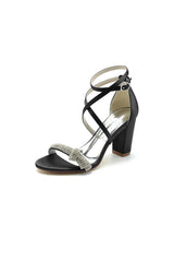 Ankle Strap Block Heels with Silver Chain