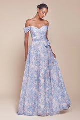 TILDA GOWN BLUE OFF THE SHOULDER FLORAL PRINTED A LINE DRESS