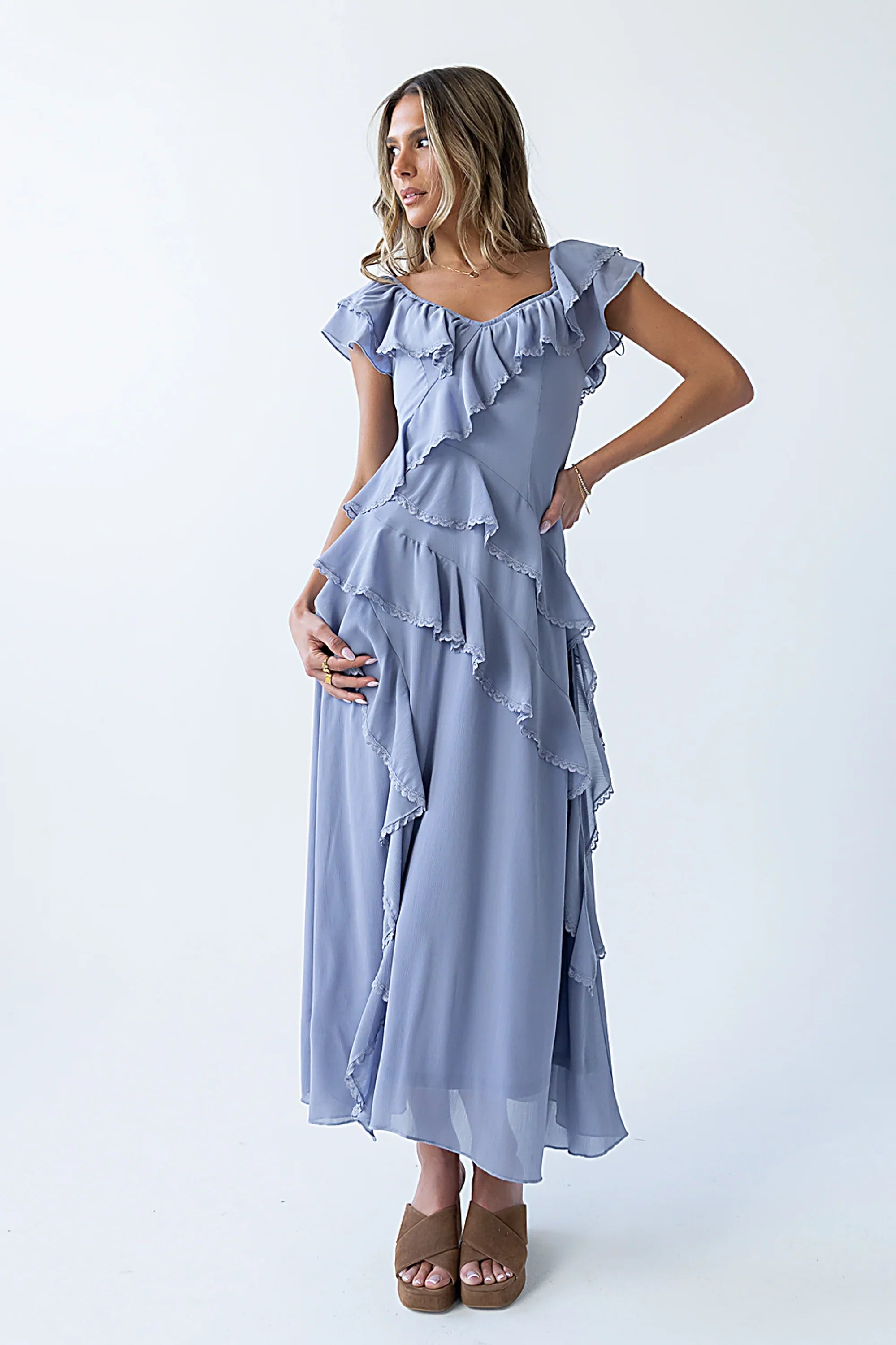Quinton Ruffle Maxi Dress in Blue