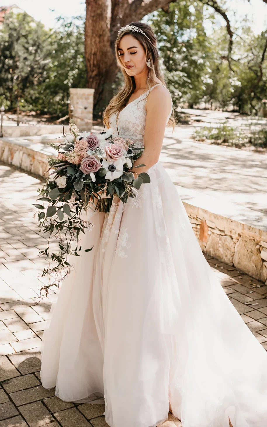 Adorable A Line Lace Wedding Dress With Appliques And Illusion Deep V Back