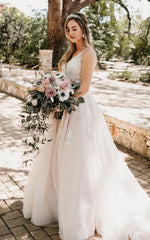 Adorable A Line Lace Wedding Dress With Appliques And Illusion Deep V Back