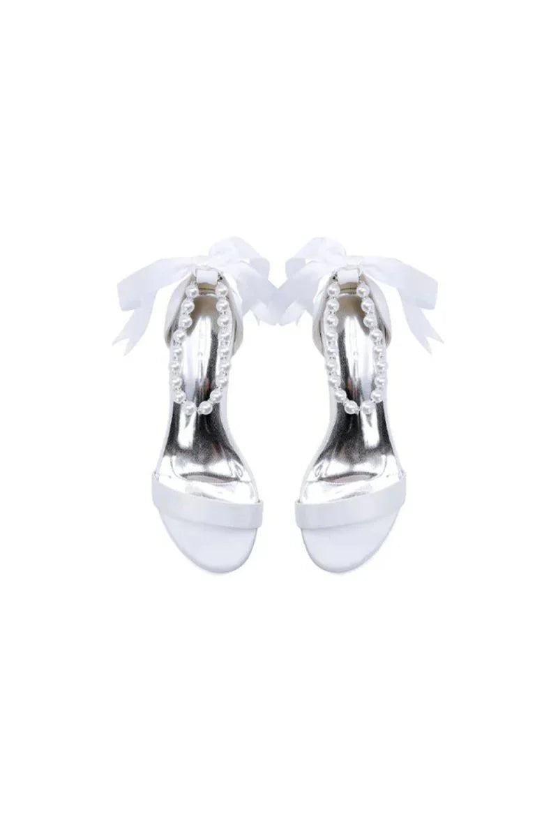 Block Heel Sandal Adorned with Pearl Ankle Band and Ribbon Bow