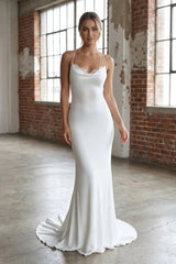 Mermaid Satin White Spaghetti Straps Wedding Dresses With Lace Up Back