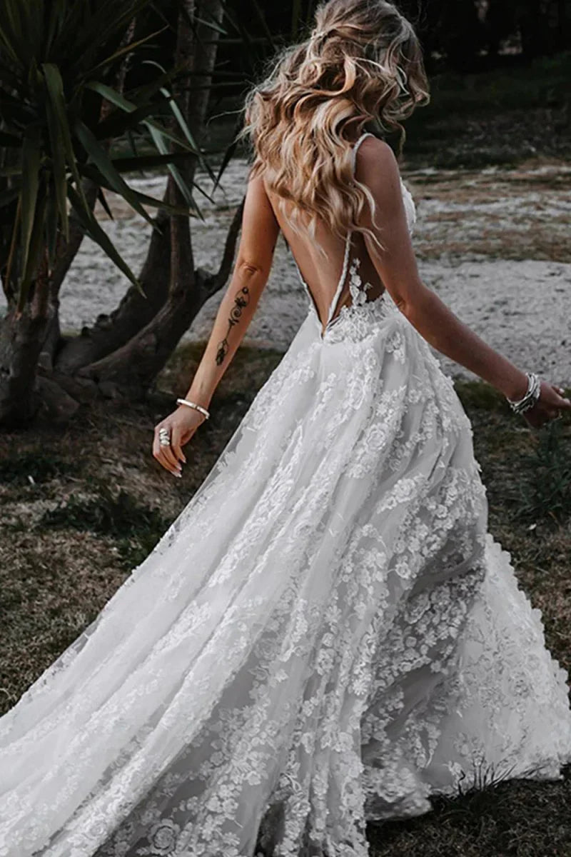 White Boho A Line Lace Wedding Dress with Appliques