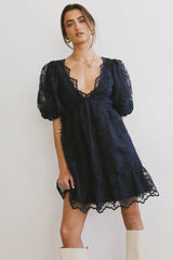 Tiana Embroidered Mini Dress in Navy FINAL SALE