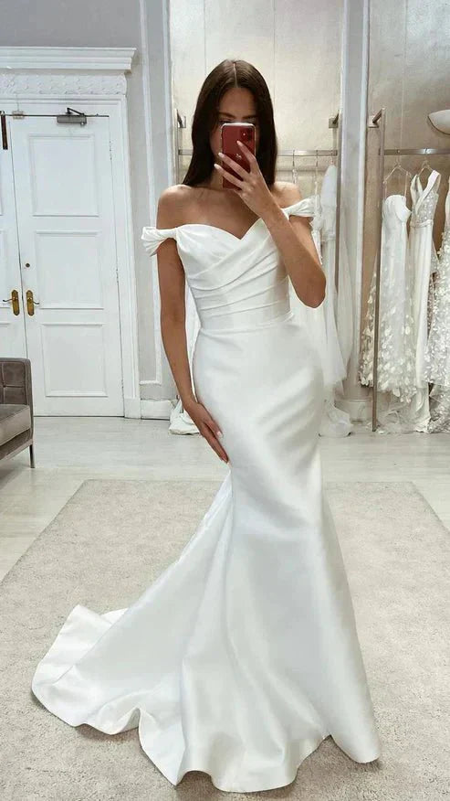 Chic Satin Mermaid Off Shoulder Ruched With Train Beach Wedding Dress