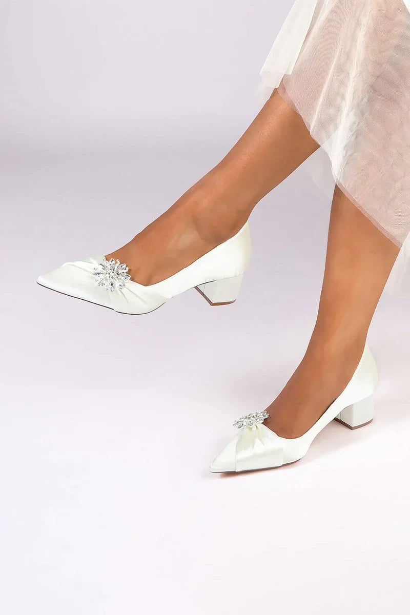Satin Pointed Toe Slip on Party Shoes With Crystal