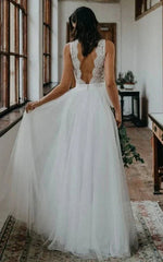 Rustic Boho Elegant A Line Tulle Lace V neck Open Back Floor Length Sleeveless Wedding Dress