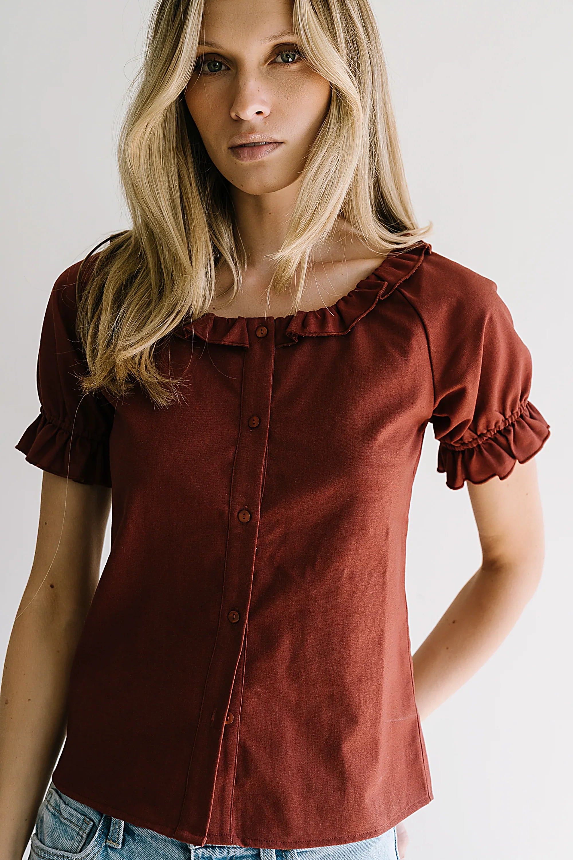 Connie Ruffle Blouse in Rust FINAL SALE