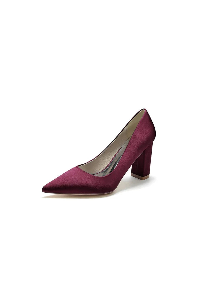 Pointed Toe Slip on Satin Chunky Heels