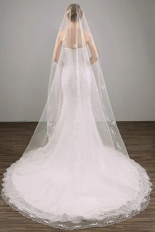 Two Tier Lace Appliques Edge Cathedral Veil Long Wedding Veil