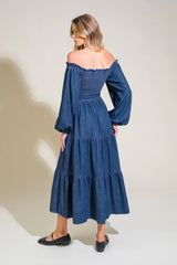 ARTISTIC IMPULSE LONG SLEEVE OFF THE SHOULDER DENIM MIDI DRESS