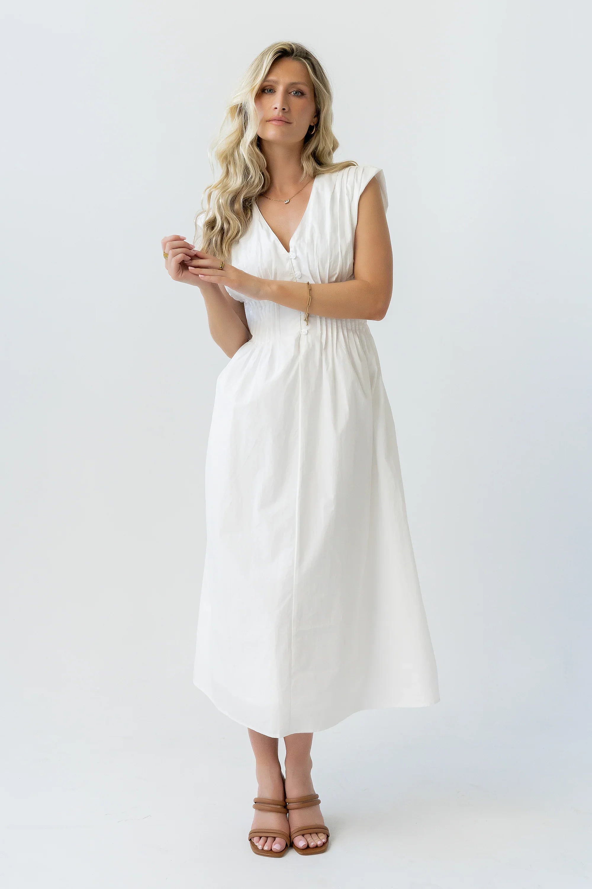 Barb Pleated Midi Dress in White
