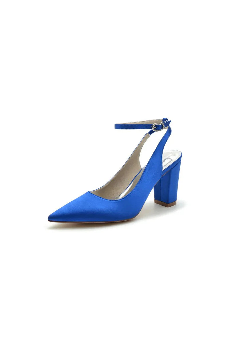 Satin Pointed Toe Ankle Strap Chunky Heels