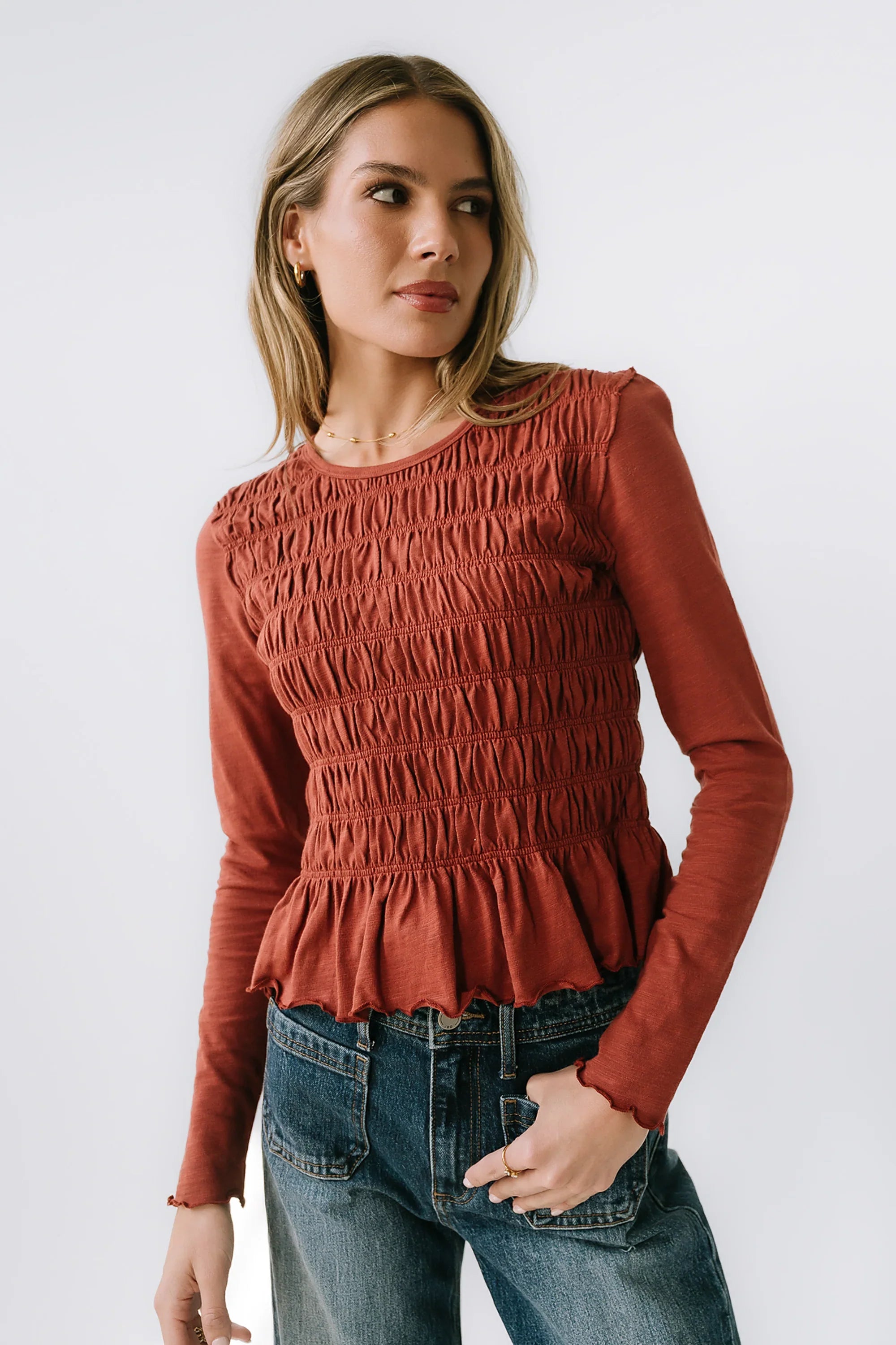 Harry Smocked Top in Brick FINAL SALE