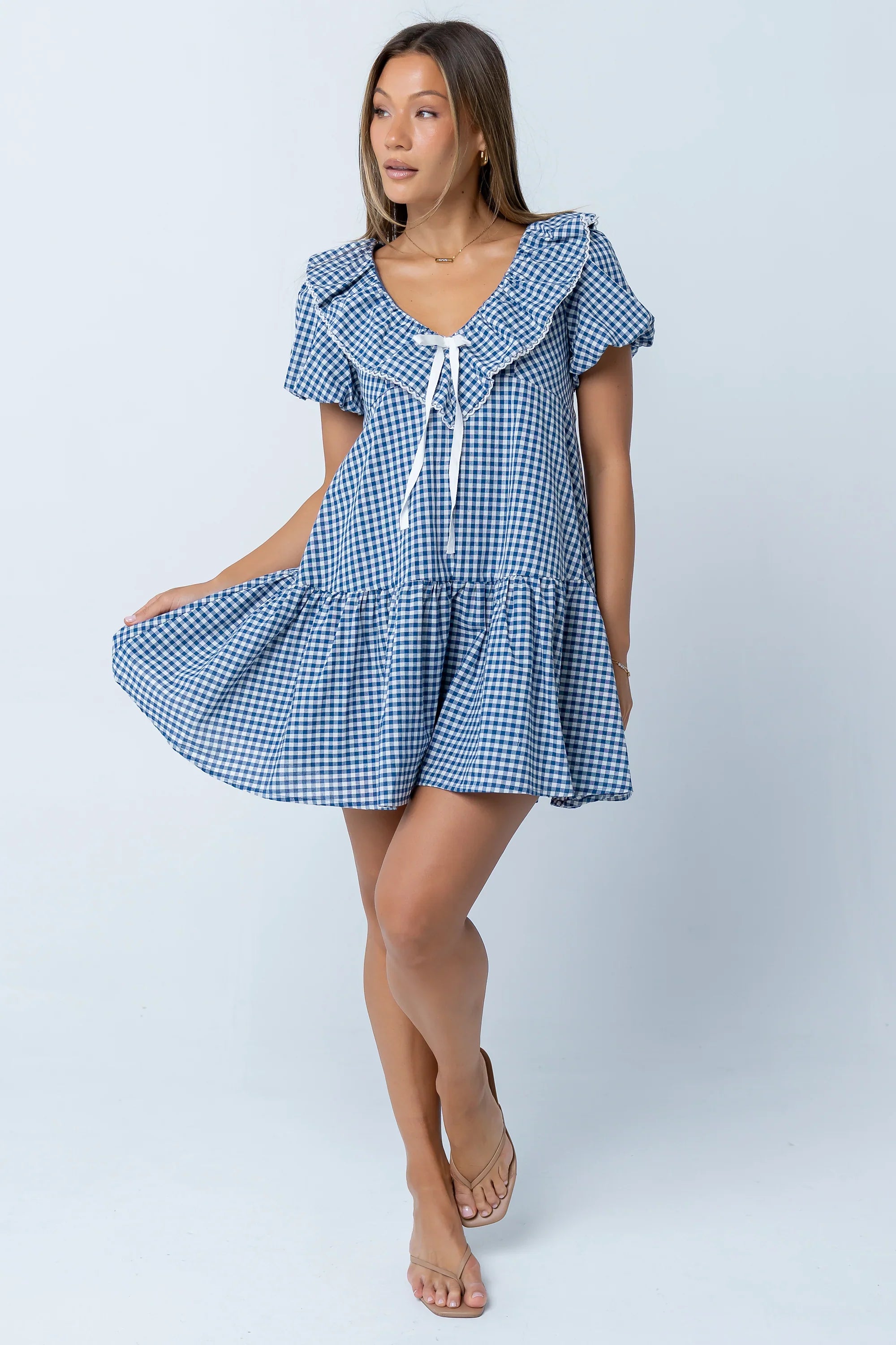 Tony Gingham Baby Doll Dress in Blue