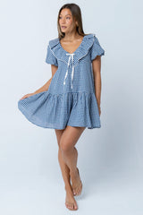 Tony Gingham Baby Doll Dress in Blue