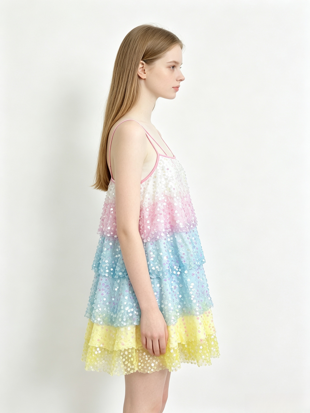 Rainbow Sequin Tiered Tie Back Mini Dress