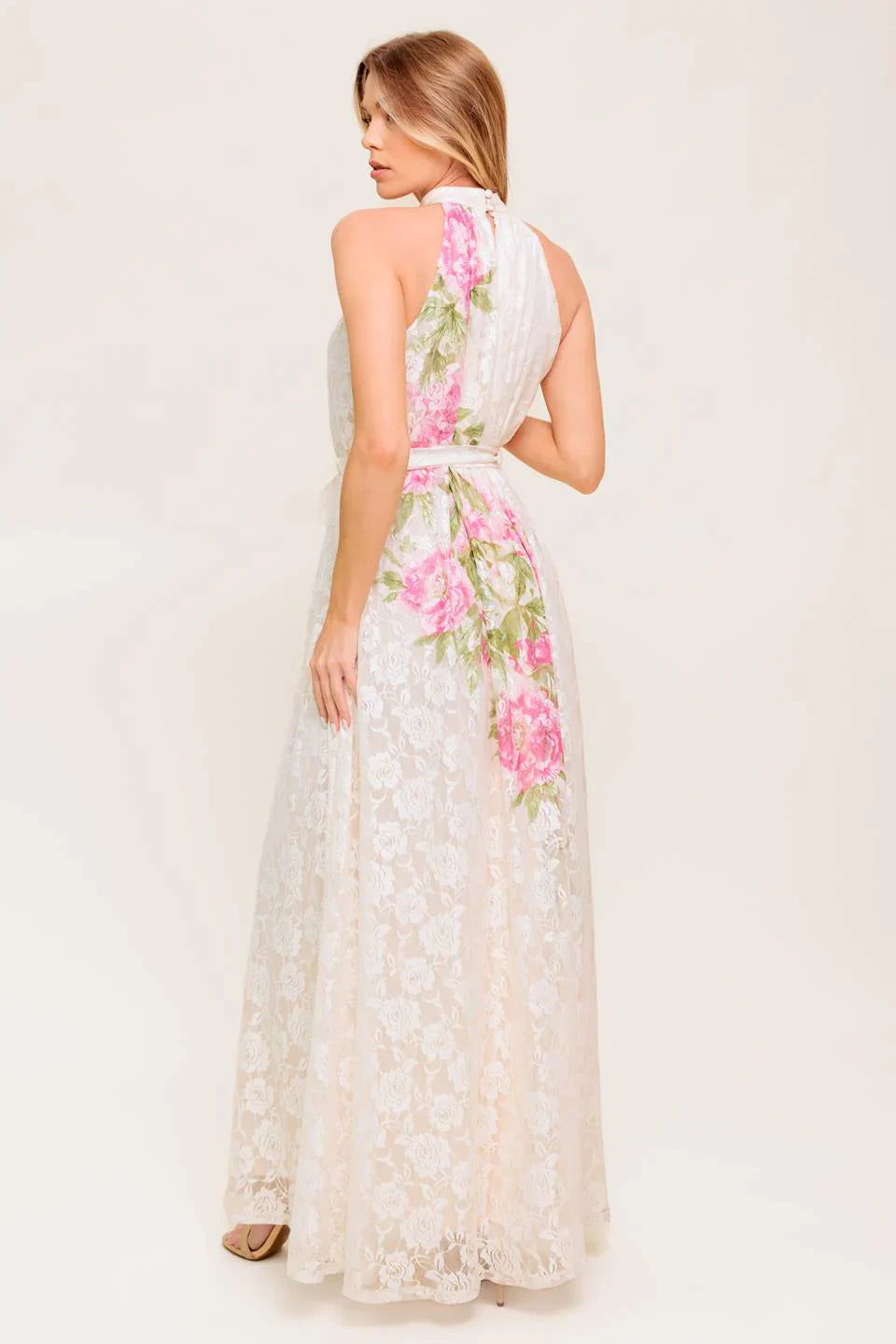 ROSE GARDEN IVORY LACE HALTER MAXI DRESS