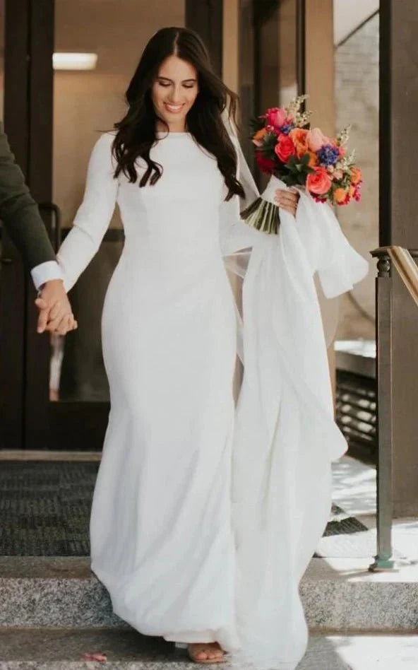 Modest Simple Mermaid Spandex Bateau Long Sleeve Wedding Dress