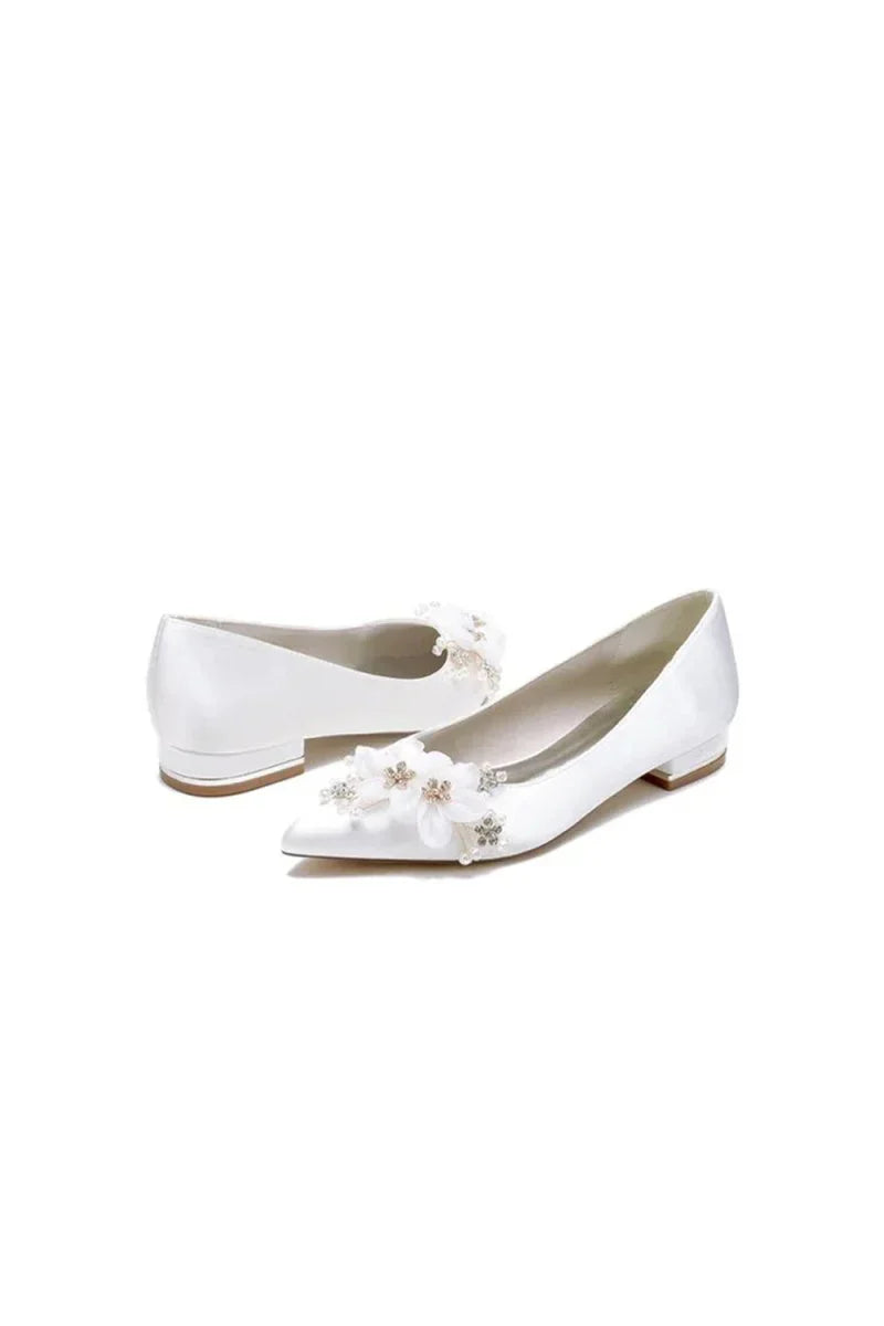 Satin Champagne Flats with Delicate Flower Embellishments