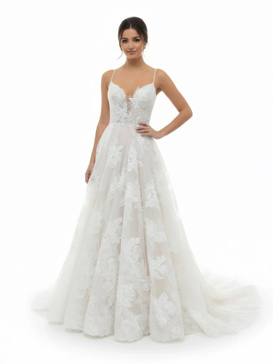 Boho White A Line Lace Appliques Wedding Dress