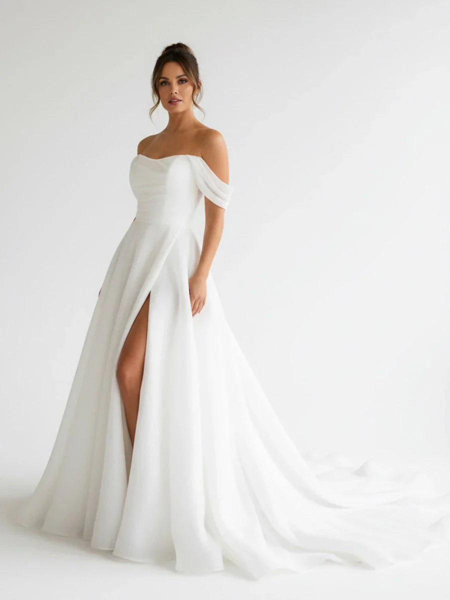 Elegant White Off the Shoulder Long Wedding Dress with Slit