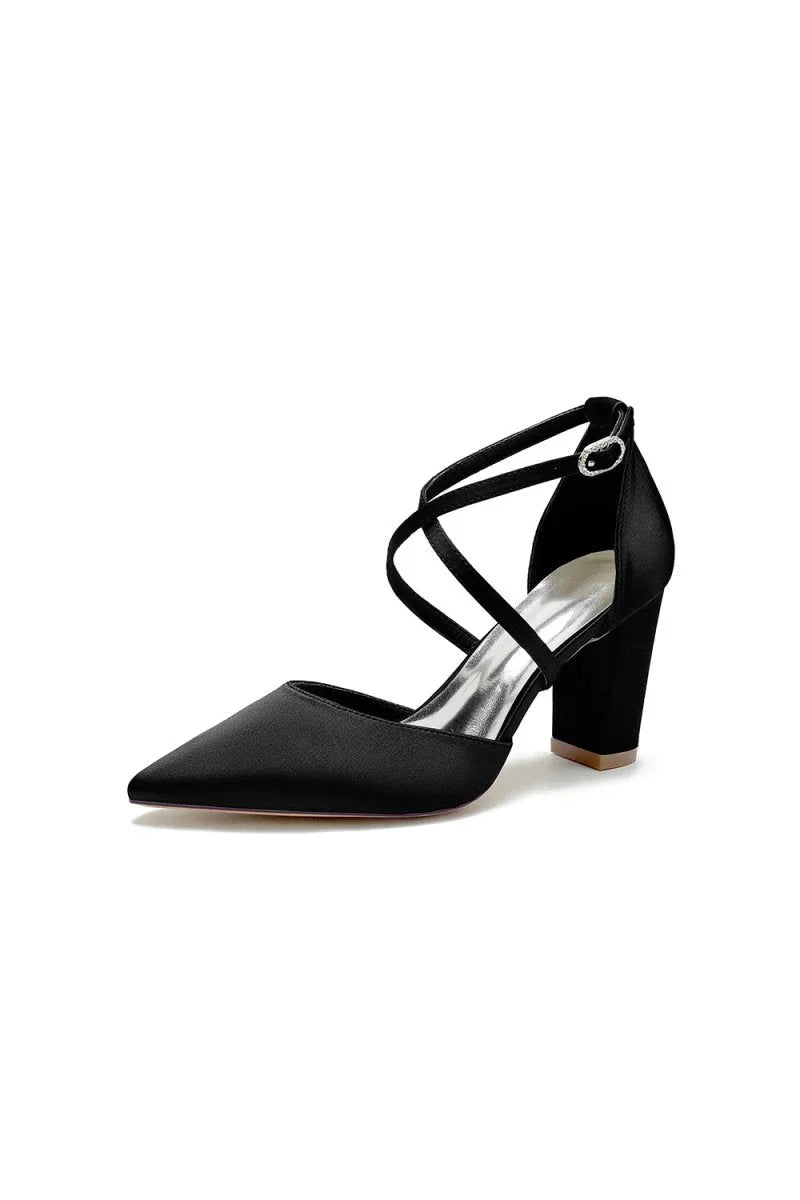 White Satin Pump with Cross Strap and Metal Accent