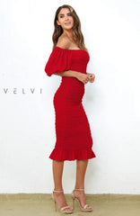 Skyla Shirred Midi Dress RED