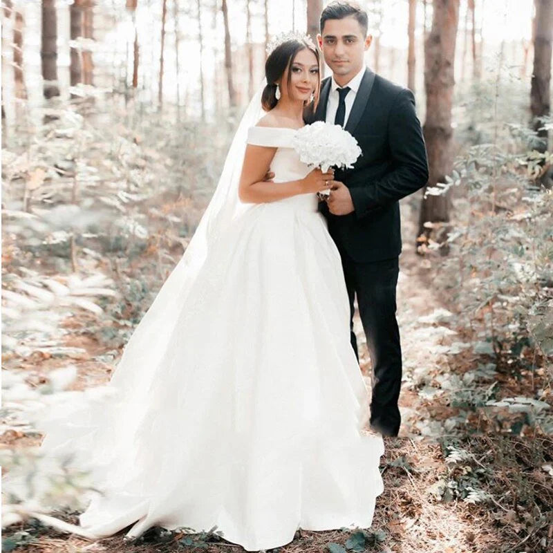 A Line Satin Sweep Train White Wedding Dress with Sleeveless