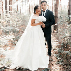A Line Satin Sweep Train White Wedding Dress with Sleeveless