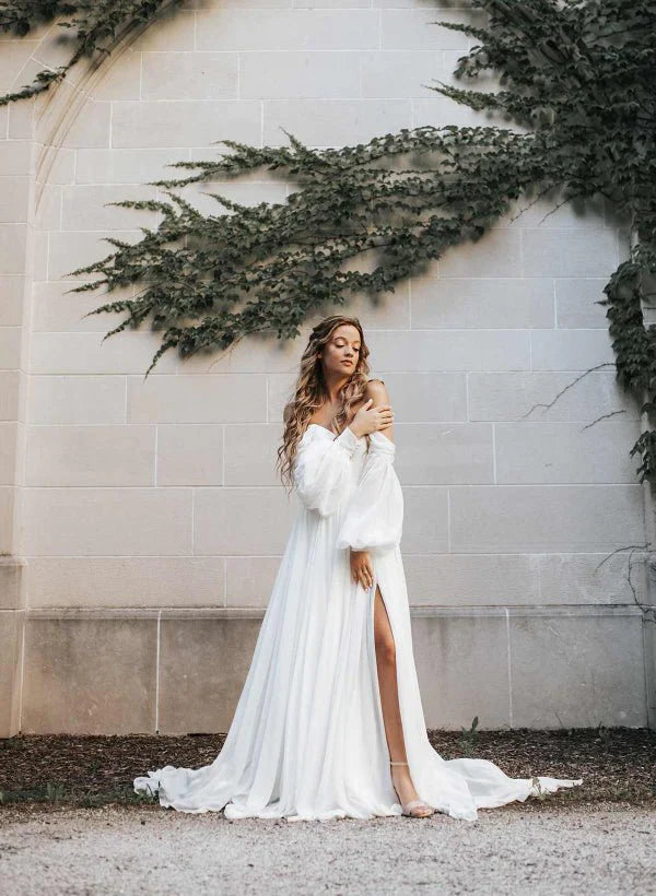 A Line Sweetheart Long Sleeves Chiffon Sweep Train Wedding Dress