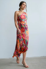 Asymmetrical Pleated Maxi Dress in Multi