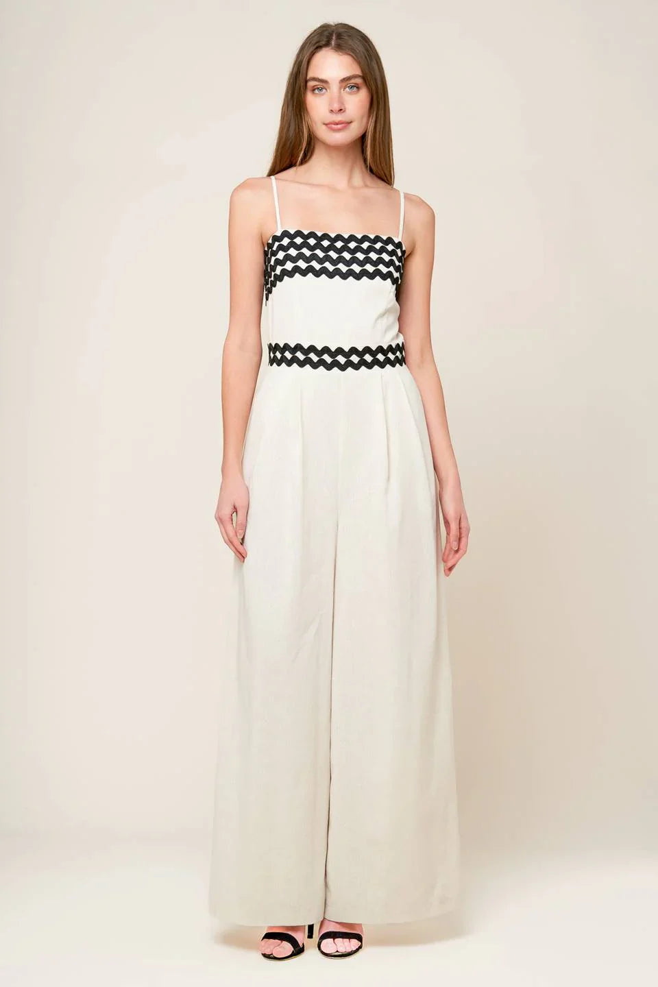 MEET AT THE PIER CREAM RIC RAC TRIM WIDE LEG JUMPSUIT