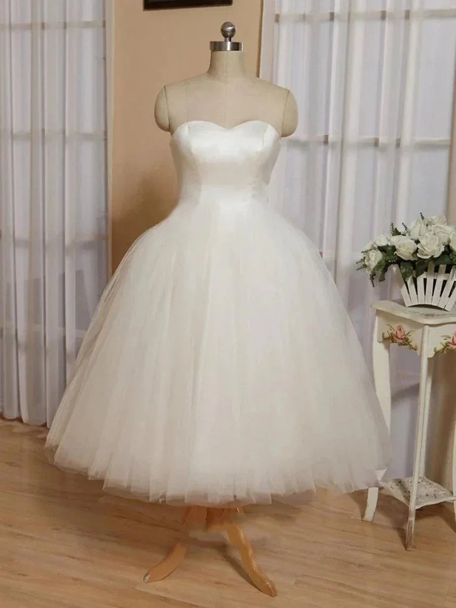 Sweetheart Empire Tea Length Tulle Wedding Dress With Lace Up Back