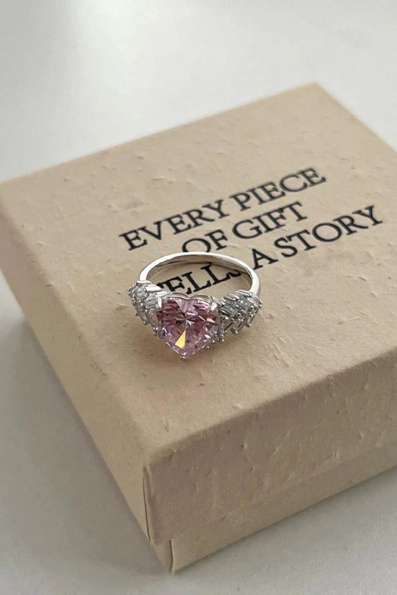Sterling Silver Pink Heart Zircon Luxury Half Setting Ring