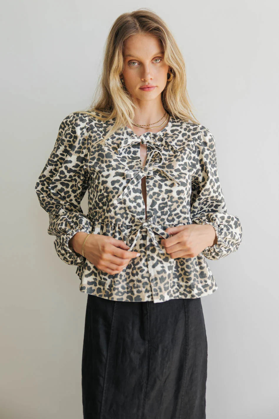 Maggie Peplum Tie Blouse in Leopard FINAL SALE