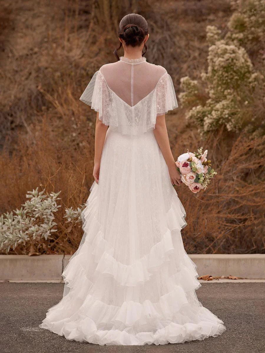 High Split A Line See through Short Sleeves Ruffle Tulle Wedding Dresses