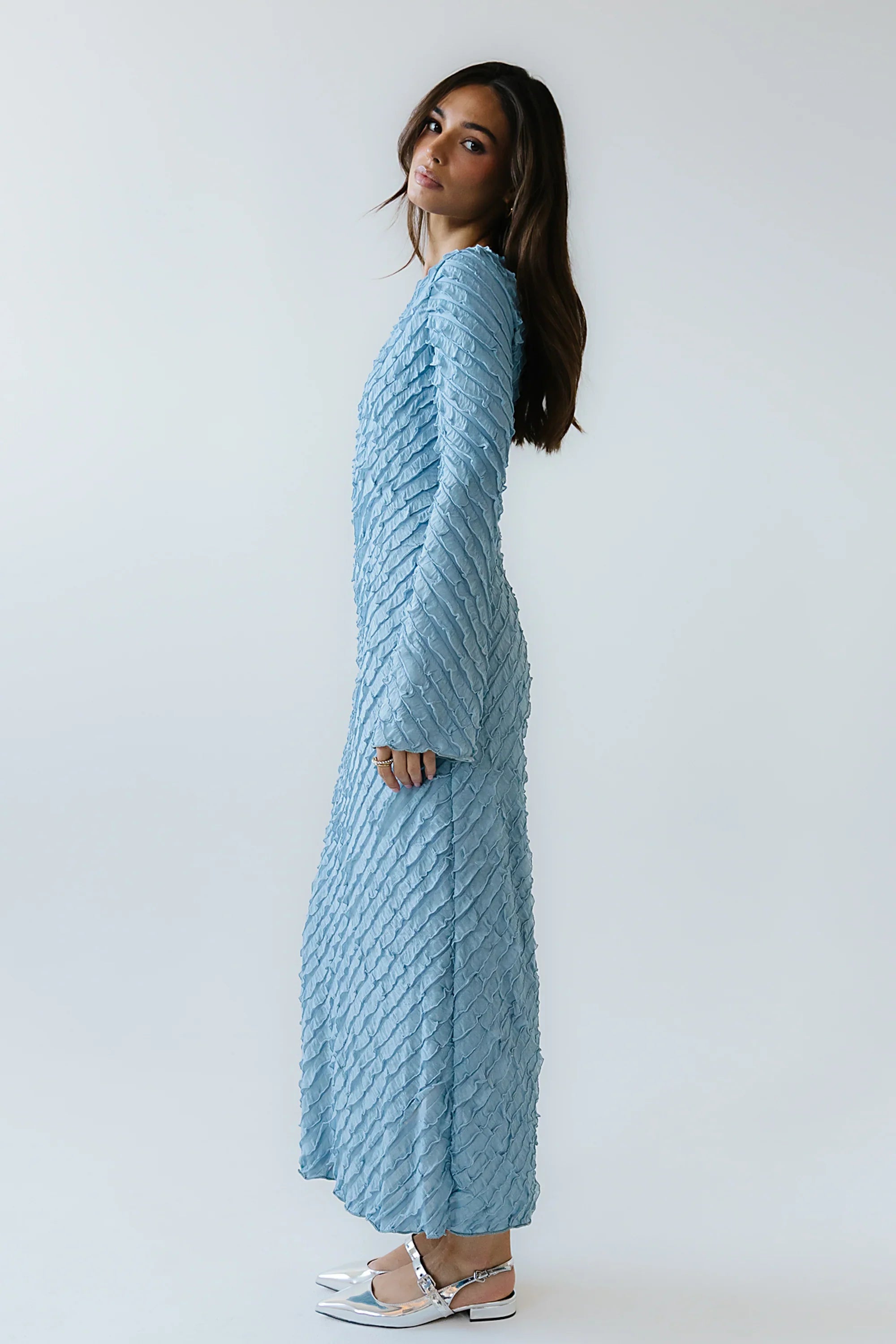 Bell Ruffle Maxi Dress in Blue