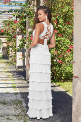 Saylor Pleated Satin Ruffle Maxi Dress White
