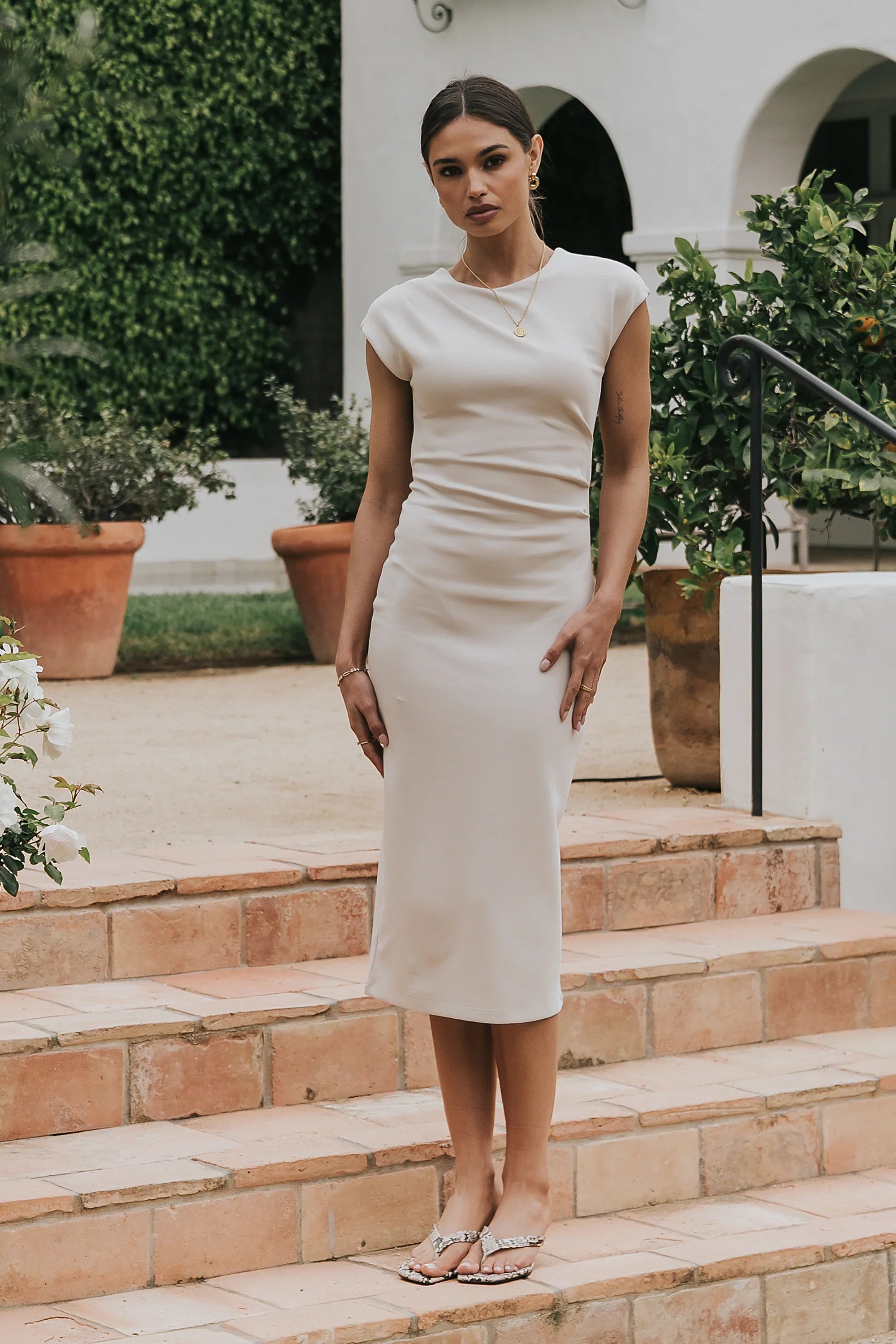 Ivy Fitted Midi Dress in Bone
