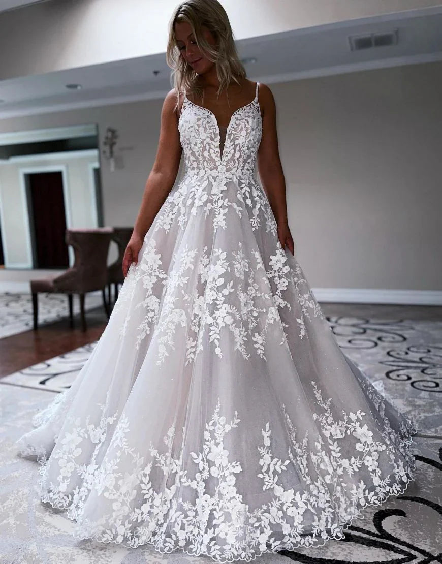 A Line Sweep Train Deep V Neck Wedding Dress With Appliques