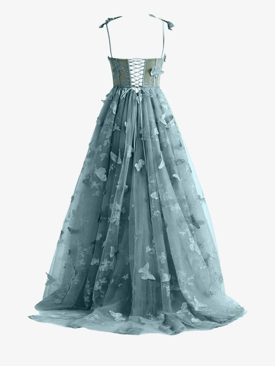 Dusty Blue A line Butterfly Lace Lilac Corset Prom Dress with Slit