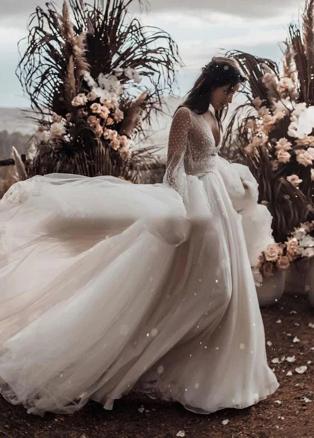 Two Piece Boho Dreamy A Line Tulle V Neck Wedding Dresses Full Sleeve