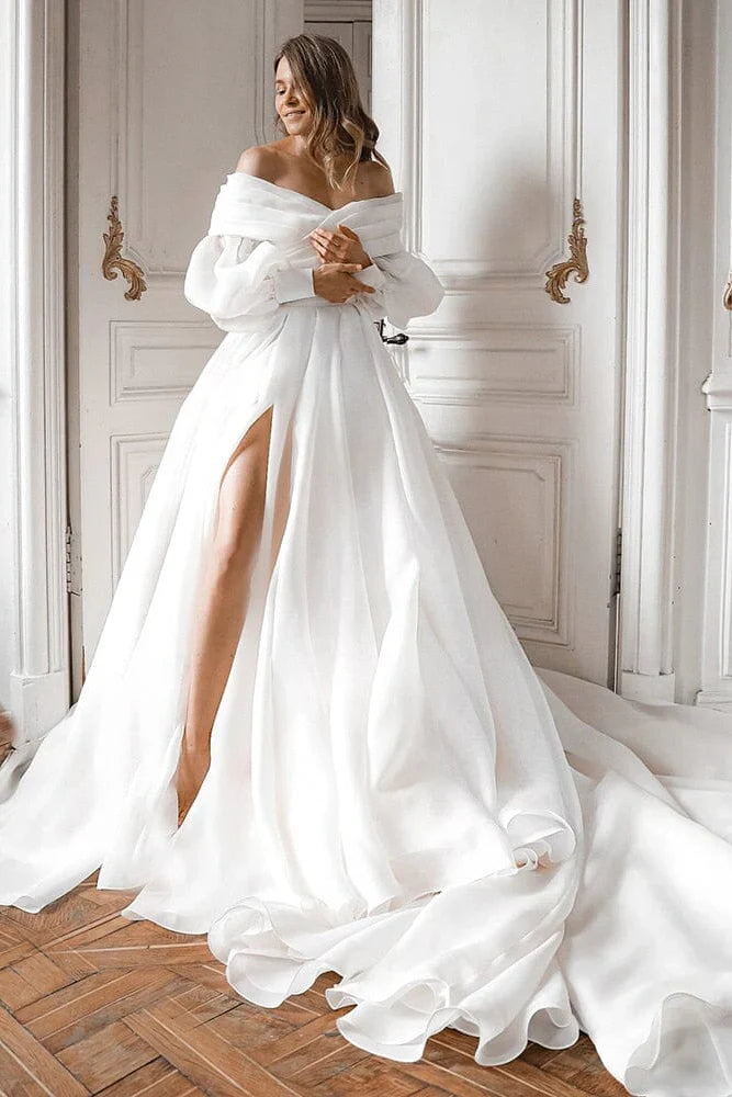 A Line Off the Shoulder White Wedding Dress with Slit