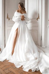 A Line Off the Shoulder White Wedding Dress with Slit