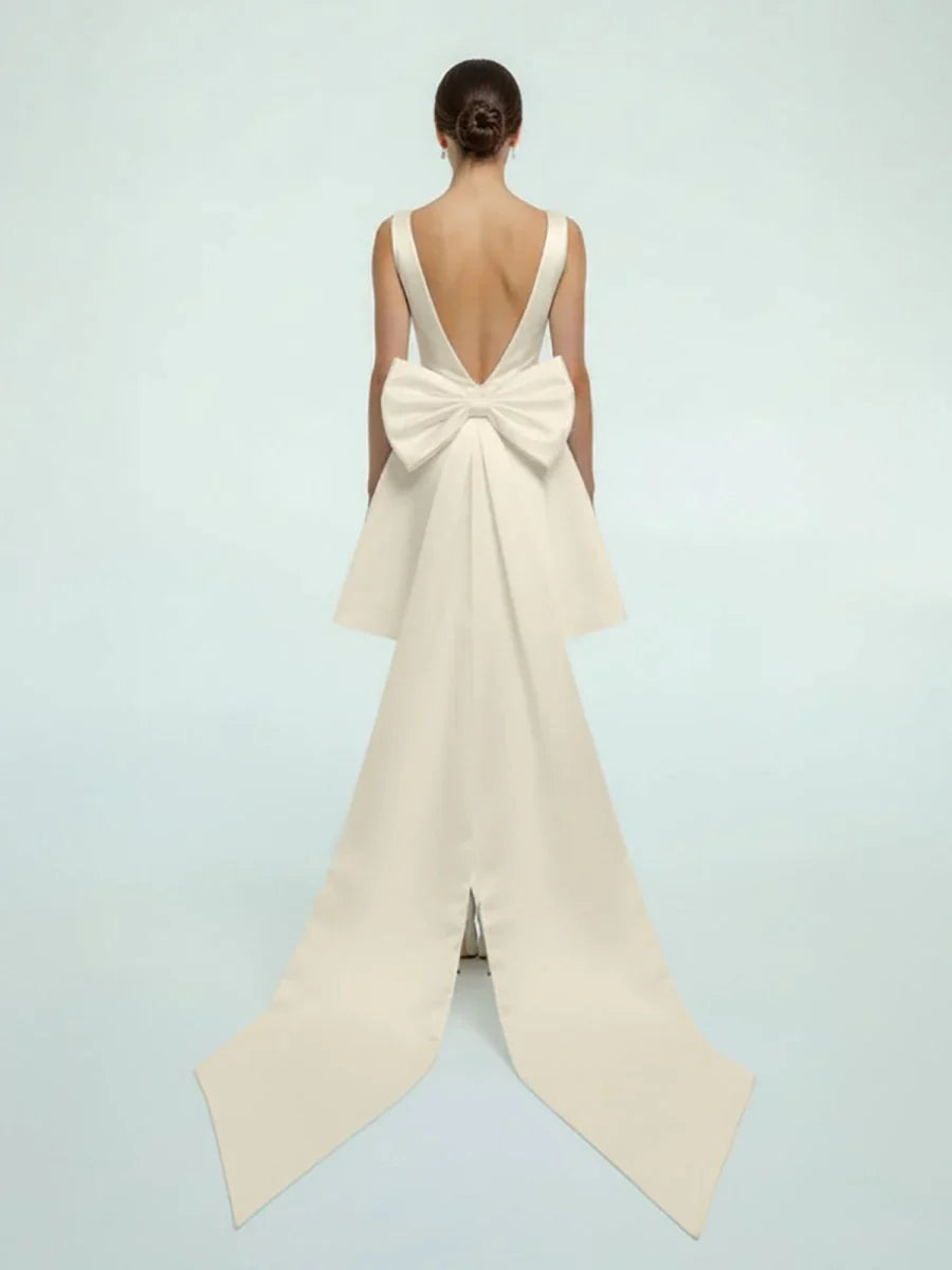 A Line Satin V Neck Short Wedding Dress with Large Bow